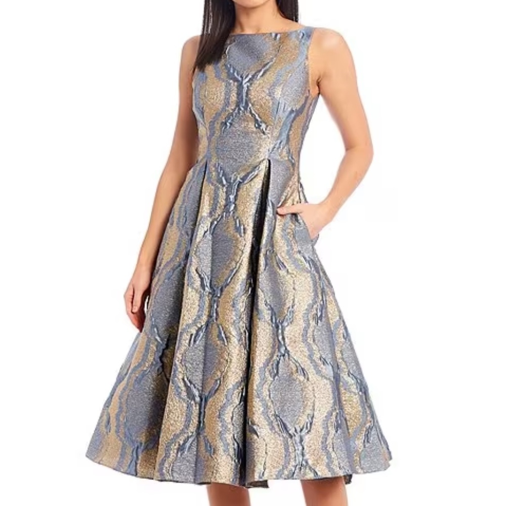Adrianna Papell Metallic Brocade Sleeveless Pleated Fit & Flare Pocket Dress 12
